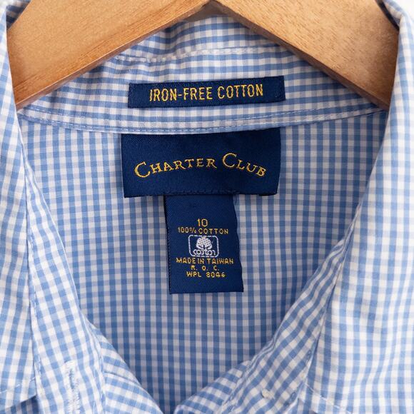 Charter Club Casual Gingham Blue and White Cotton Button Down Shirt Size 10 - Picture 3 of 3